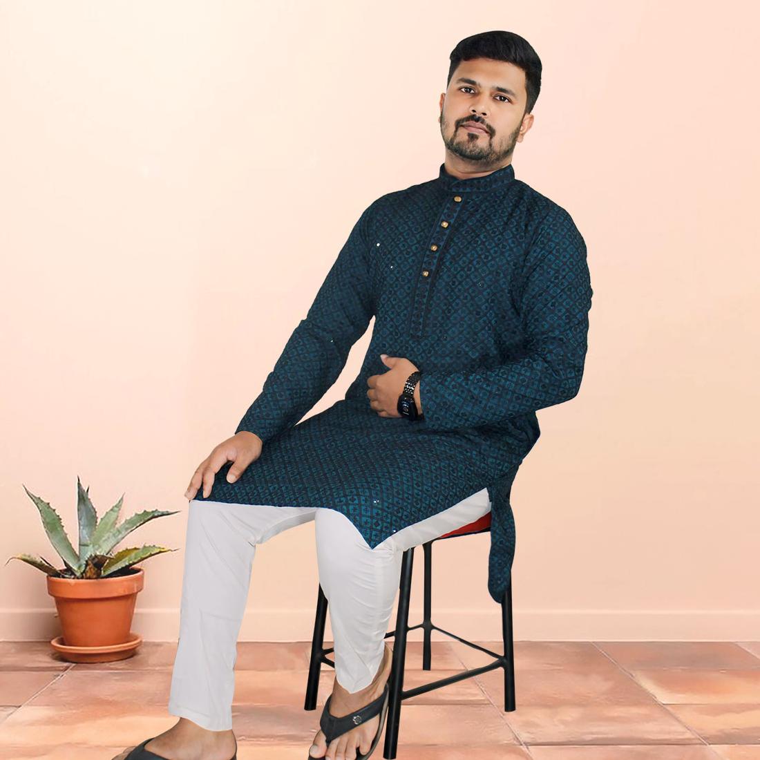 Celebrate Eid in Style: Premium Indian Sequence Punjabi for Men - Green