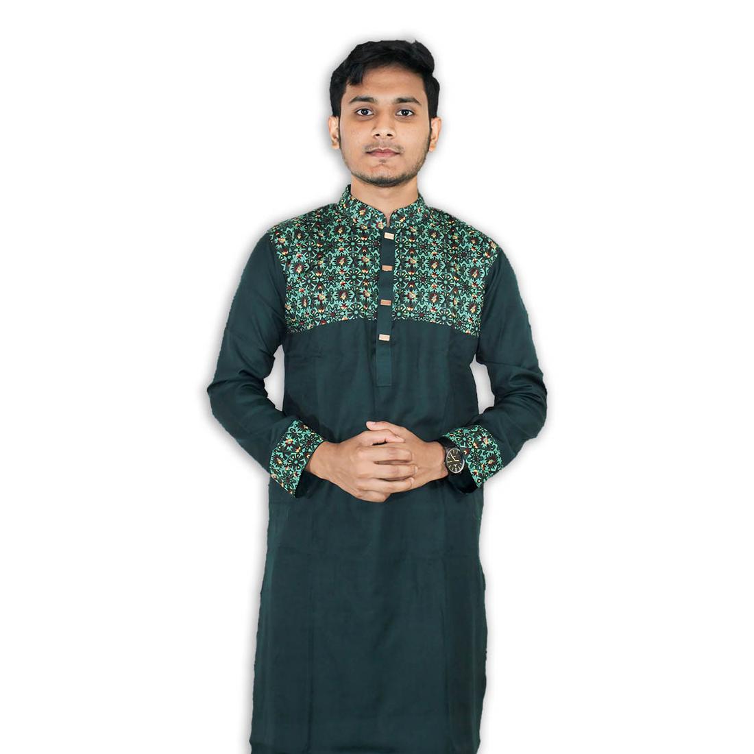 Stay Cool & Stylish This Eid: Standard Peshawari Cotton Print Punjabi - Green & Light Green