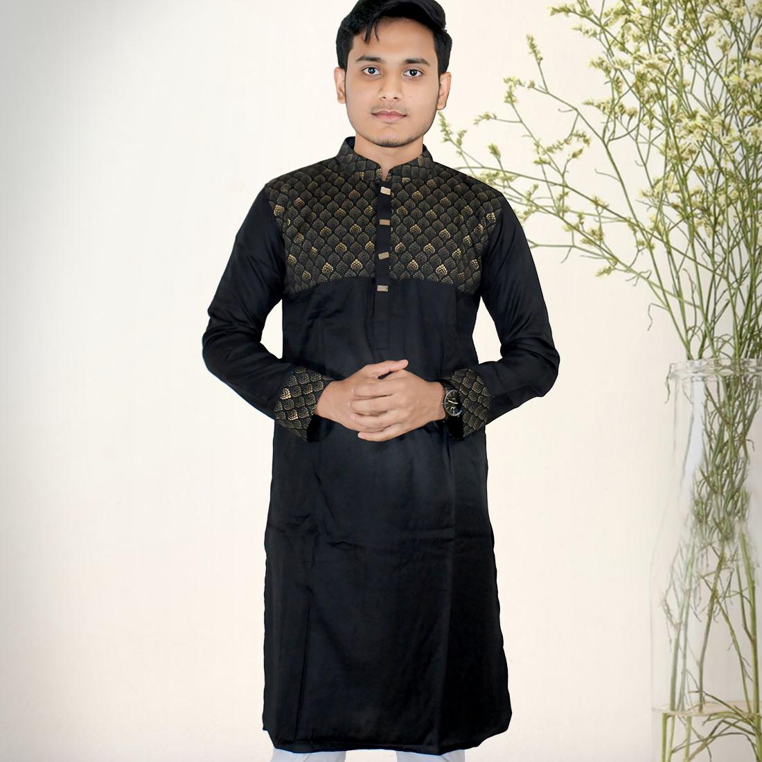 Stay Cool & Stylish This Eid: Standard Peshawari Cotton Print Punjabi- Full Conest - Black & Golden