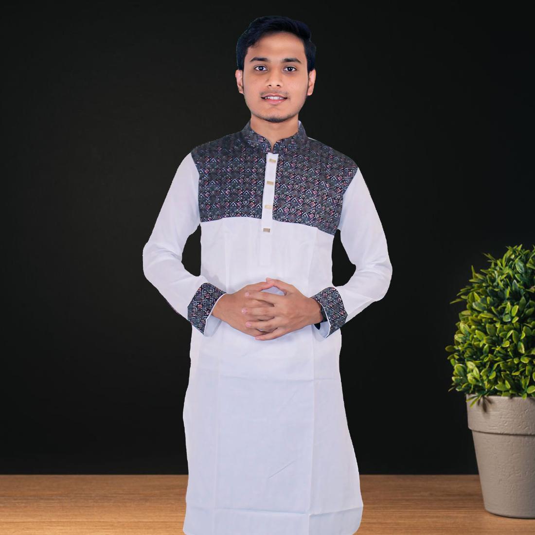 Stay Cool & Stylish This Eid: Standard Peshawari Cotton Print Punjabi- Full Conest - White & Coffee