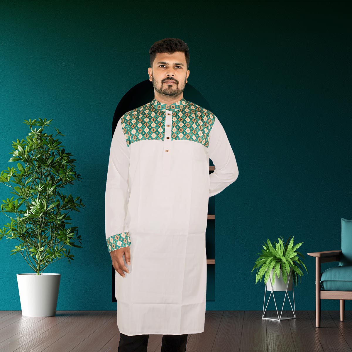 Stay Cool & Stylish This Eid: Standard Peshawari Cotton Print Punjabi - Green & White