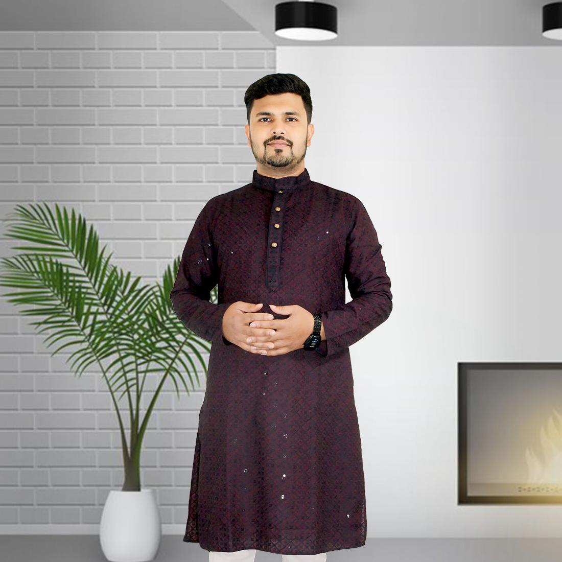 Celebrate Eid in Style: Premium Indian Sequence Punjabi for Men (Mahal) - Magenta 